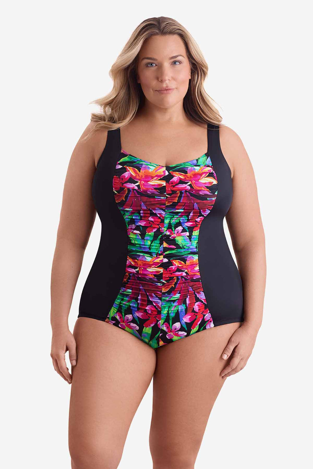SHAPE SOLVER SECRET JUNGLE PLUS SIZE SHIRRED FRONT PRINCESS SEAM GIRL LEG ONE PIECE