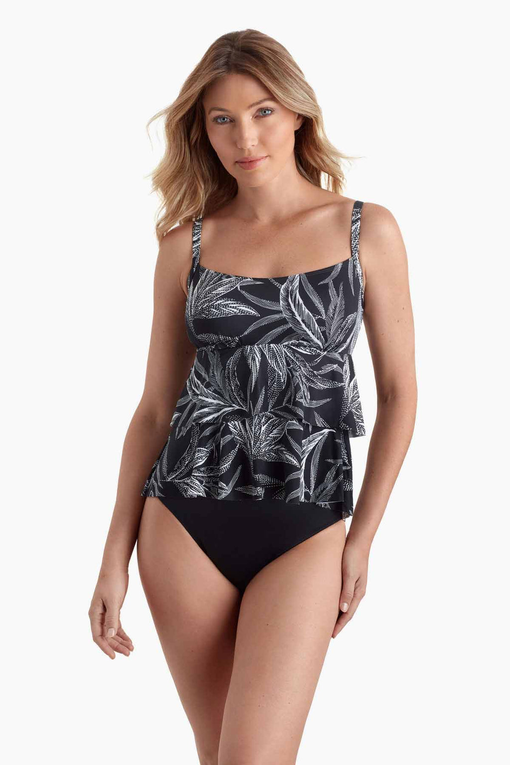 SHAPE SOLVER LEAF ENCOUNTER HIGH LOW DOUBLE TIER TANKINI TOP