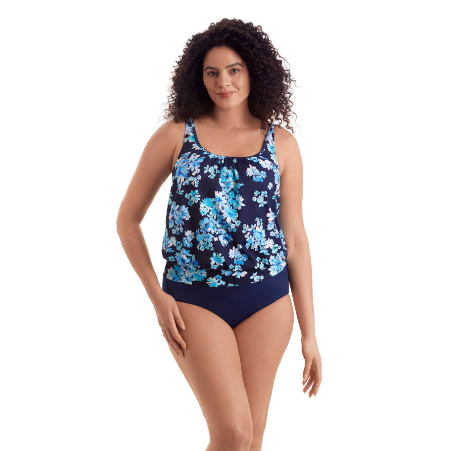 SHAPE SOLVER BLOSSOM SHIRRED NECK BLOUSON TANKINI TOP