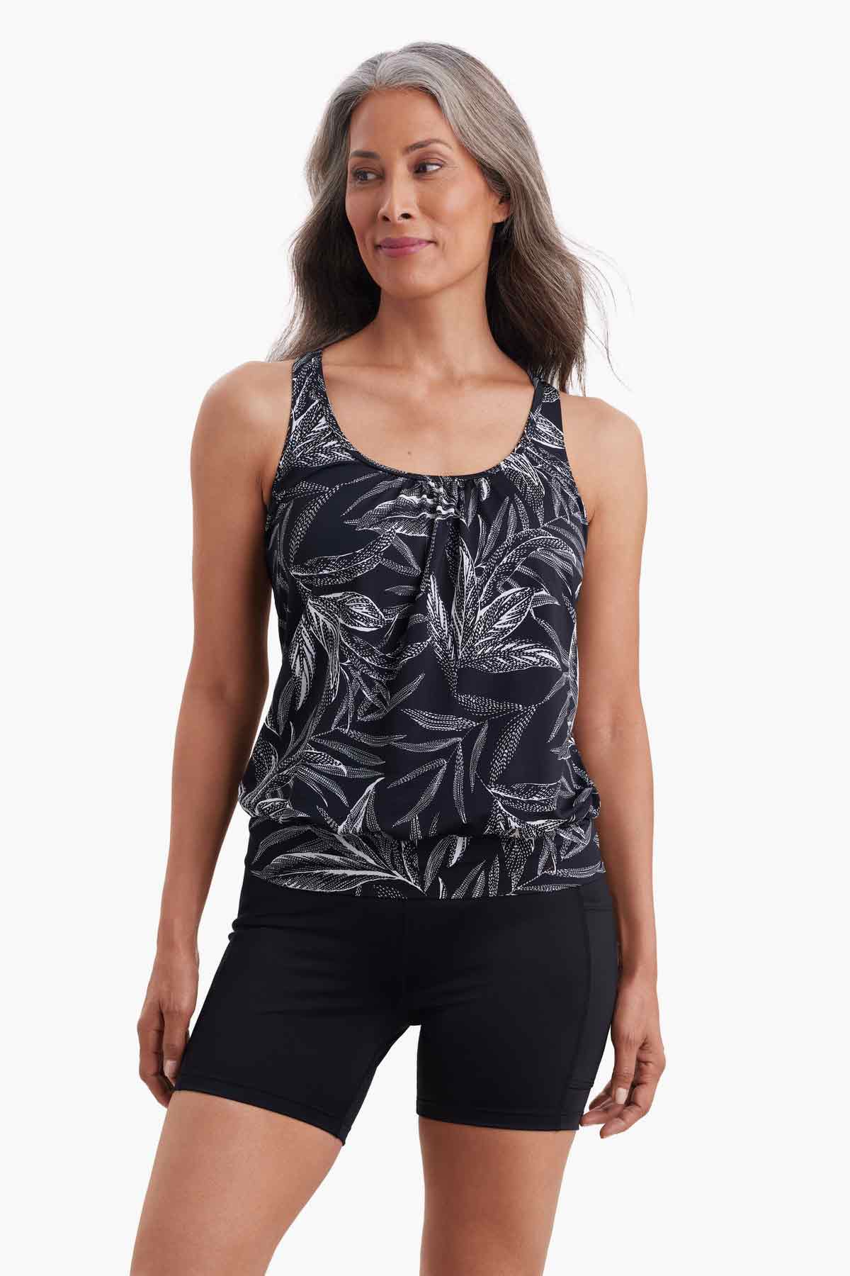 SHAPE SOLVER LEAF ENCOUNTER SHIRRED NECK BLOUSON MASTECTOMY TANKINI TOP