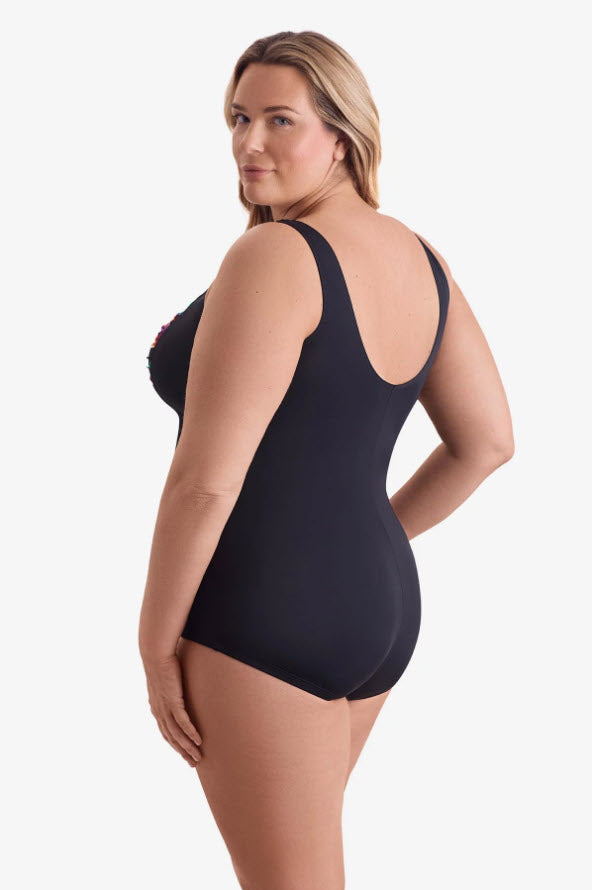 SHAPE SOLVER SECRET JUNGLE PLUS SIZE SHIRRED FRONT PRINCESS SEAM GIRL LEG ONE PIECE