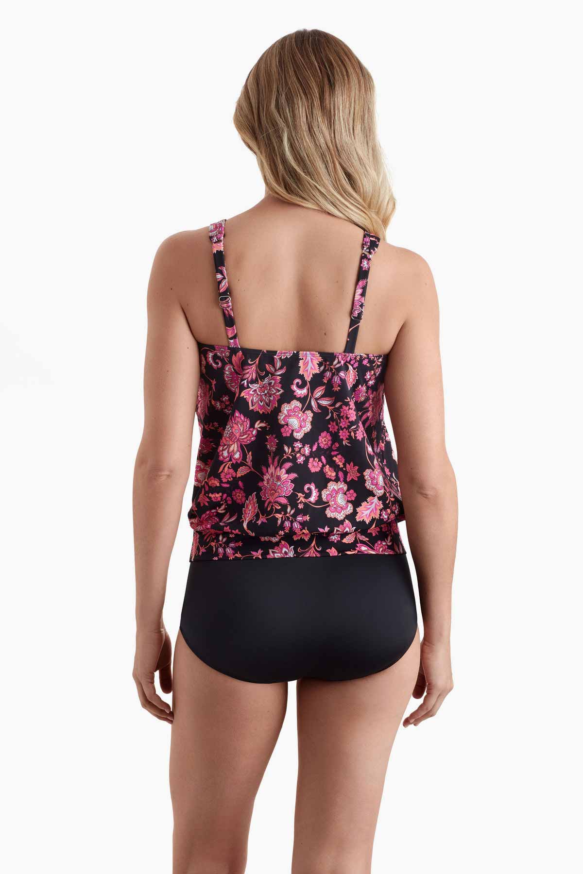 SHAPE SOLVER FANTASY TAPESTRY SHIRRED NECK BLOUSON TANKINI TOP