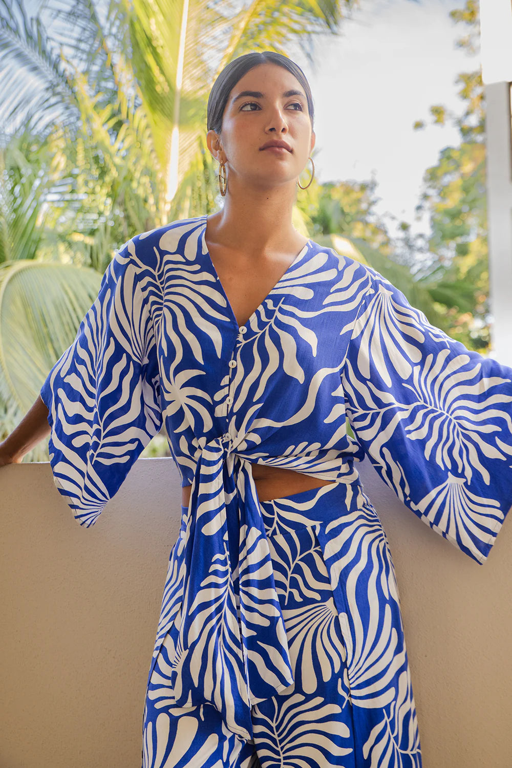 XIX Palms Lanai Long Flowy Kimono Sleeves with Knot Front Blouse