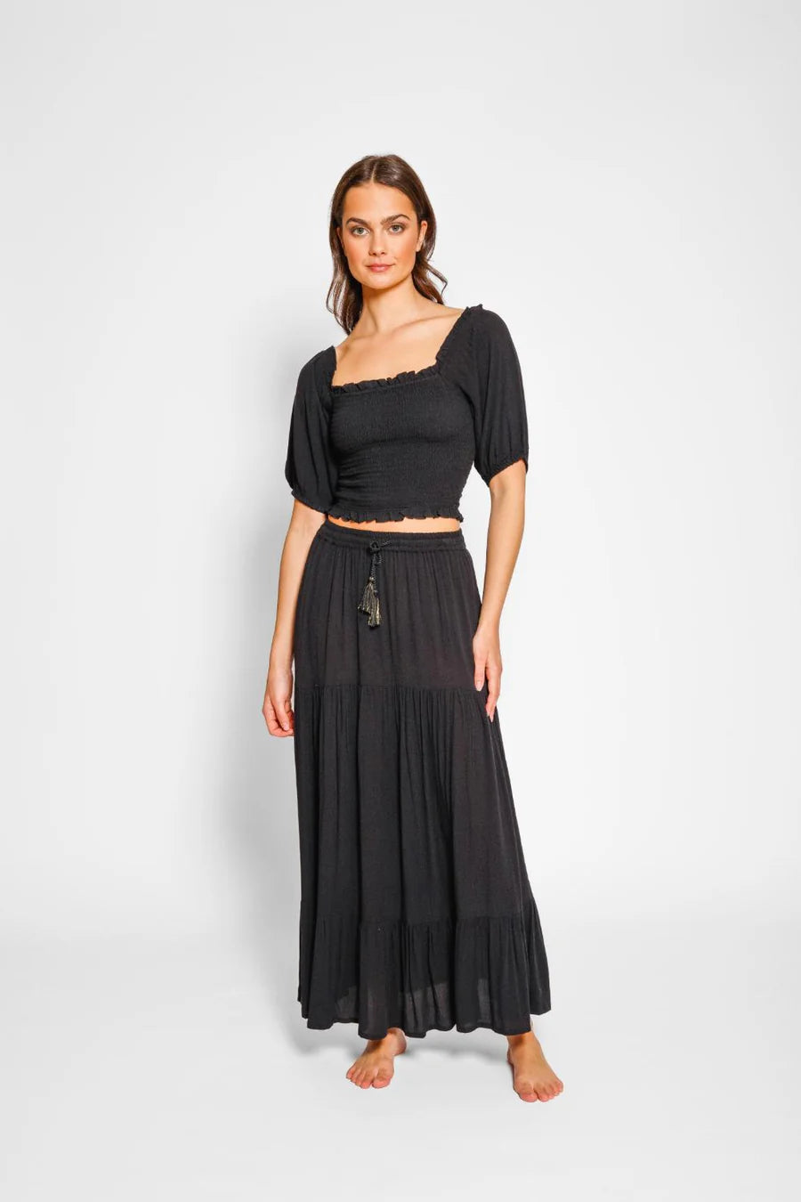Koy Resort Miami Tiered Boho Maxi Skirt Black