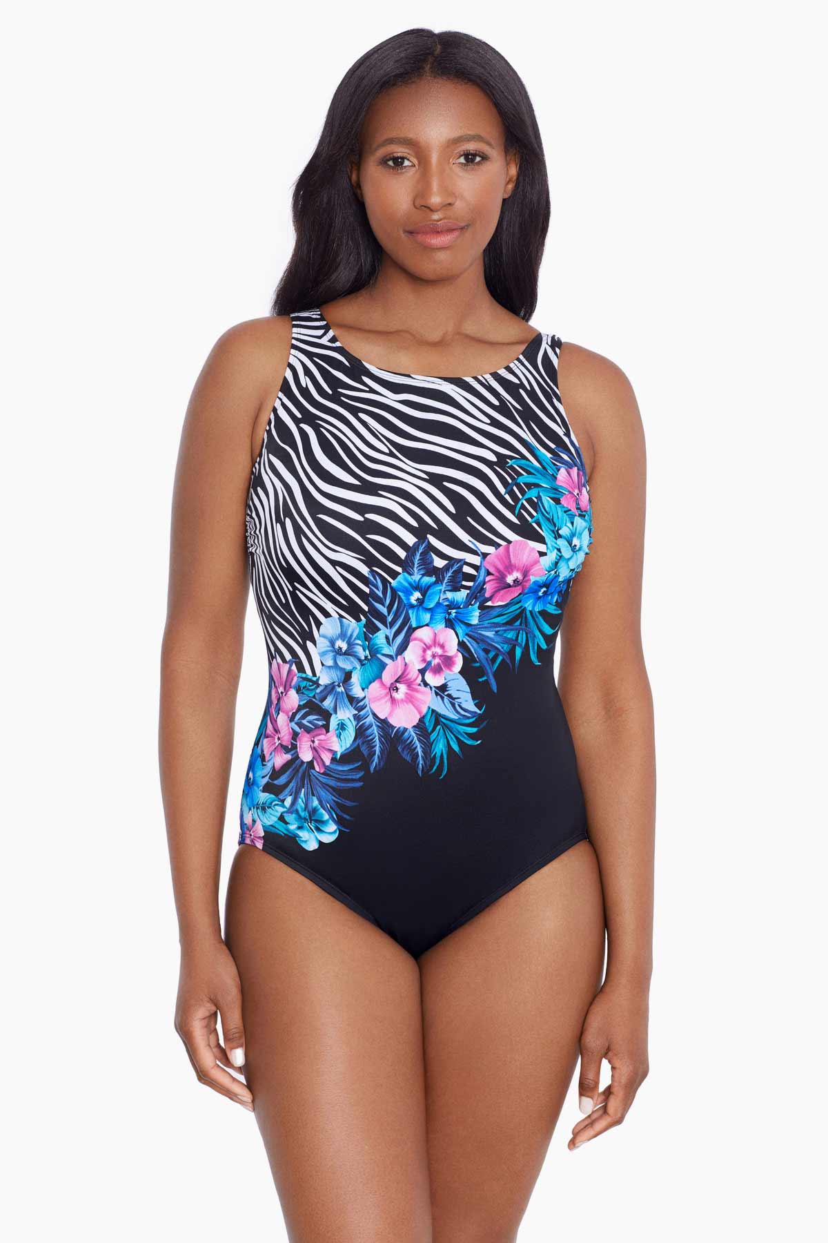 Longitude Long Torso Panel Scoopback Highneck One Piece - Glamour Floral