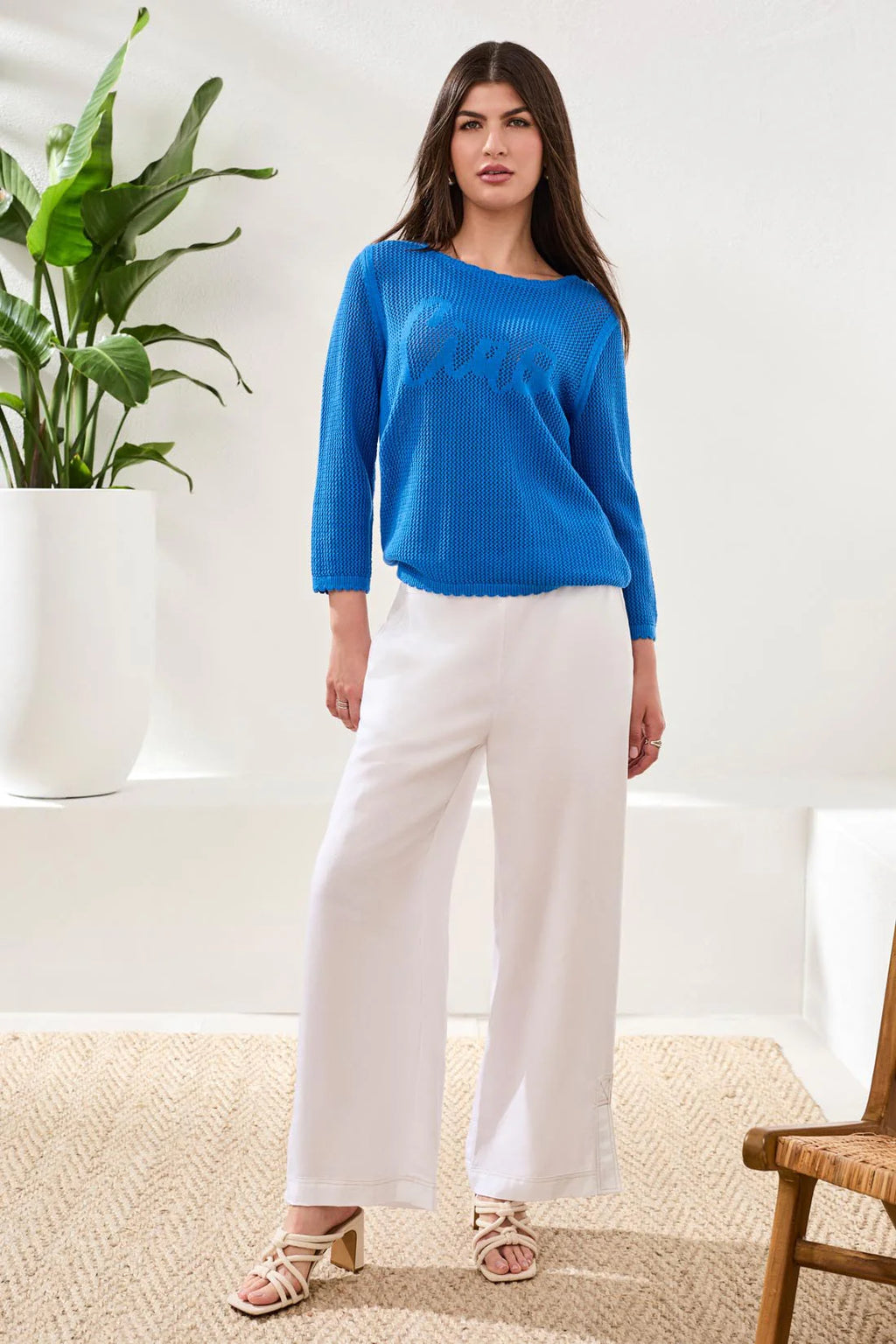 Tribal Sport Open-Stitch Embroidered Cotton Crew Neck Sweater - Royal