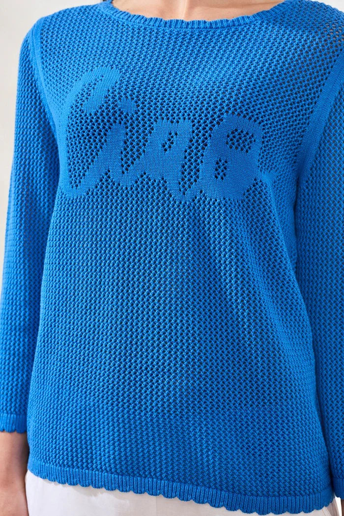 Tribal Sport Open-Stitch Embroidered Cotton Crew Neck Sweater - Royal