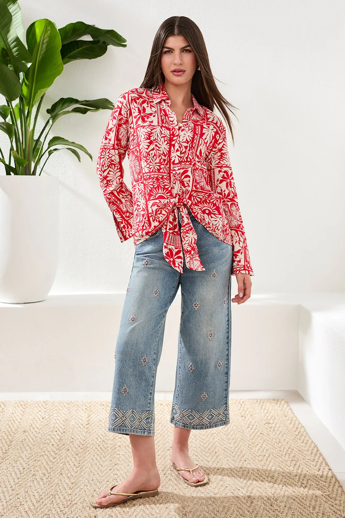 Tribal Printed Textured Challis Blouse With Tie Front - Sangria