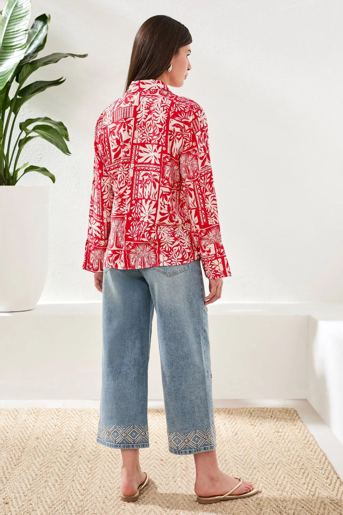 Tribal Printed Textured Challis Blouse With Tie Front - Sangria