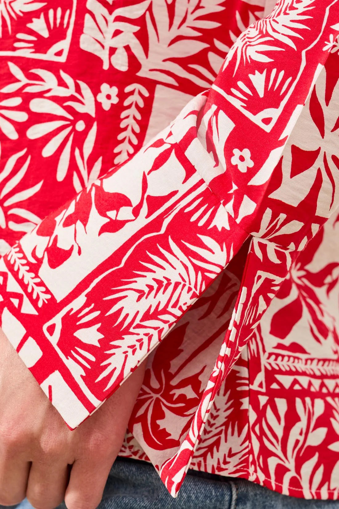 Tribal Printed Textured Challis Blouse With Tie Front - Sangria